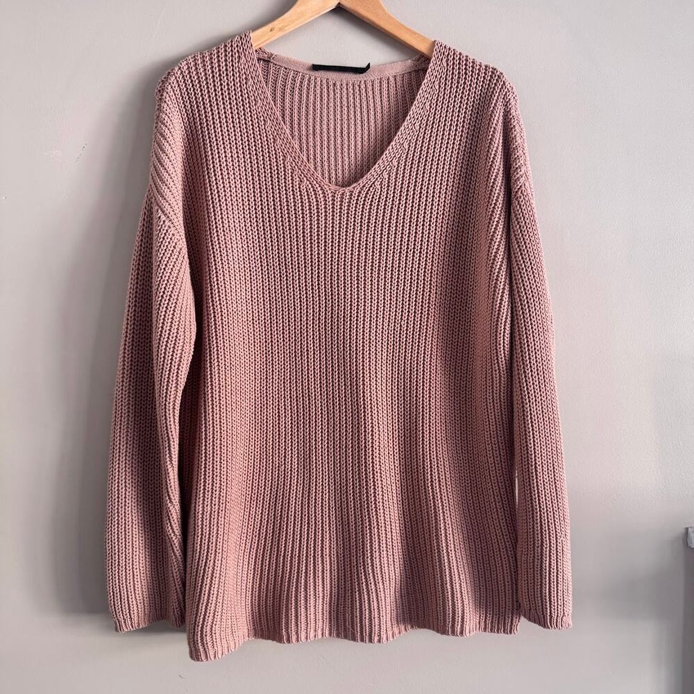 Jenni Kayne Cotton Cabin Sweater V Neck Pullover Knit Tan Pink Size Small $325 - Picture 2 of 6